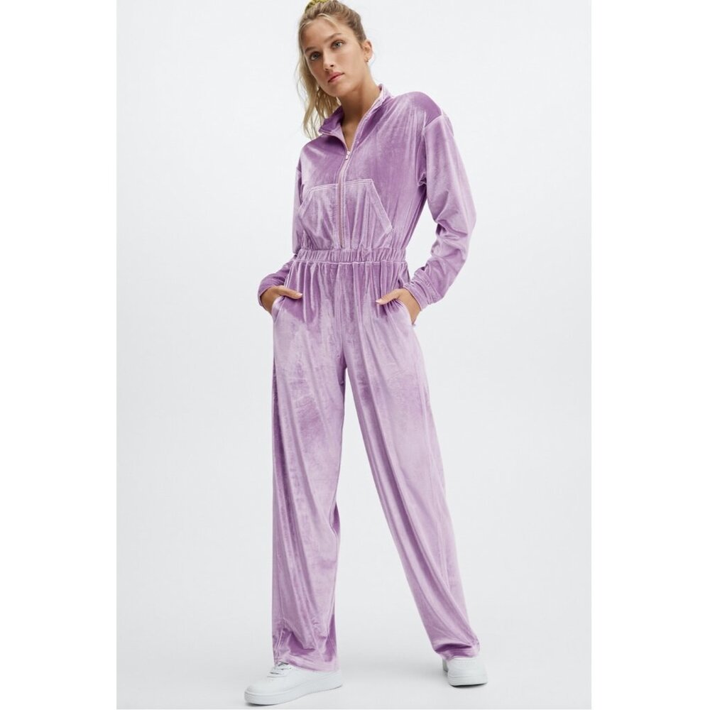 Fabletics Purple Velour Zip Jumpsuit Women’s L Long Sleeve Lounge One-Piece Y2K
